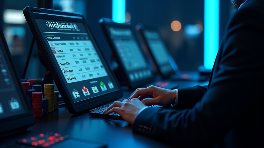 Speler bekijkt uitbetalingsstatus in een donker casino met koele blauwe accenten